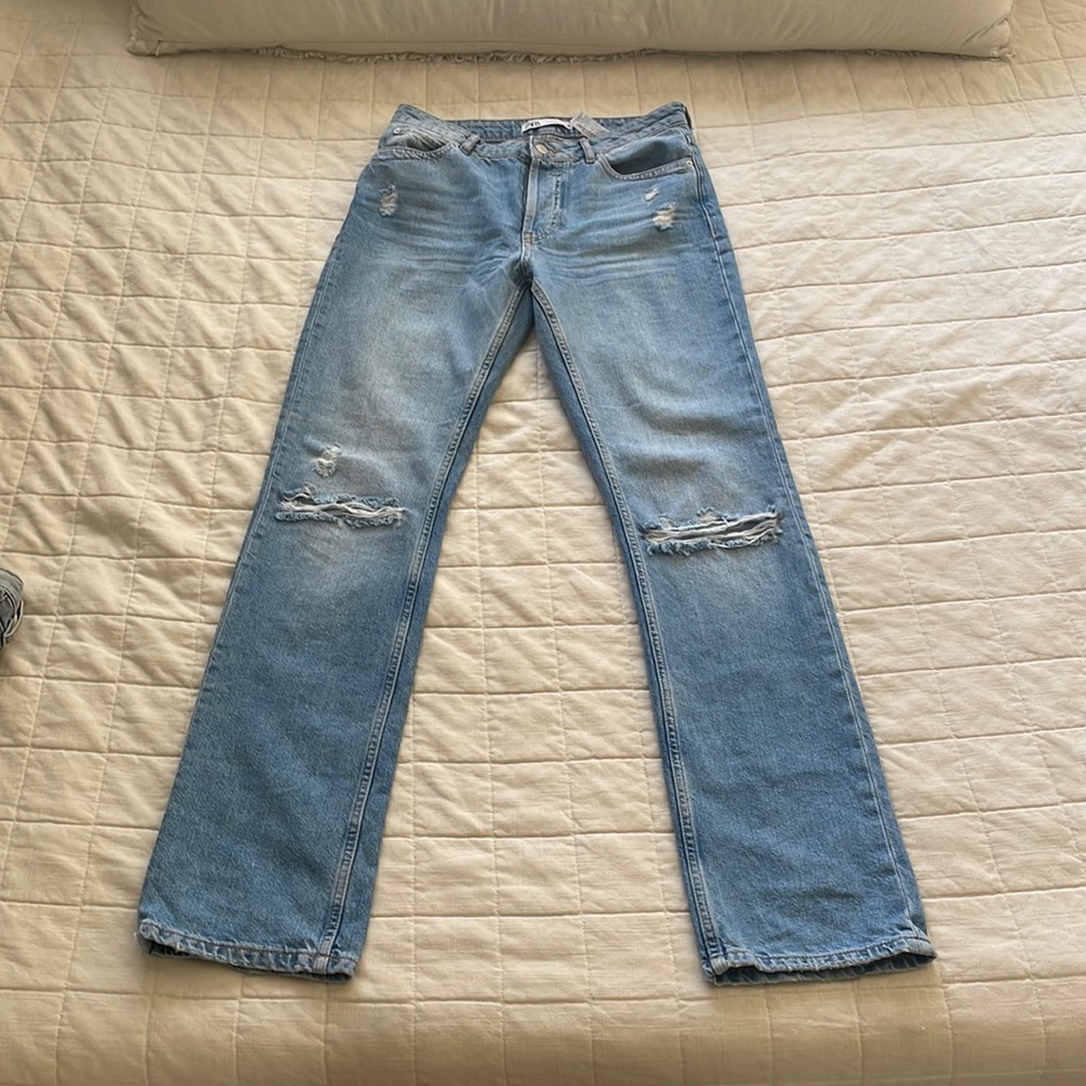 Zara distressed long straight jeans